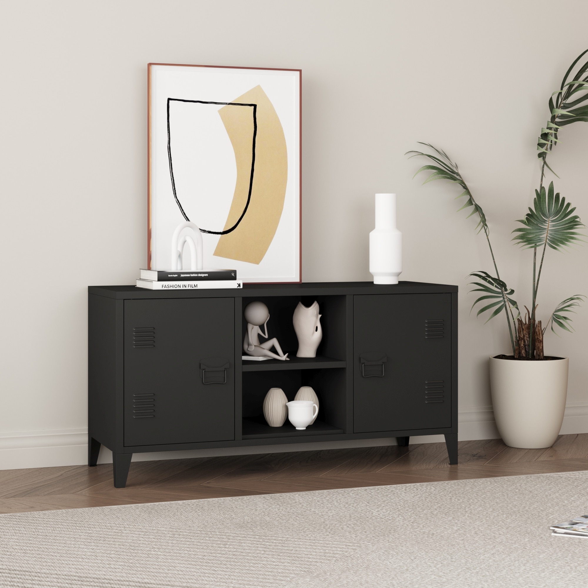 Comoda TV, en.casa, PXSL-0301 Kotka, 113 x 40 x 58 cm, otel, negru
