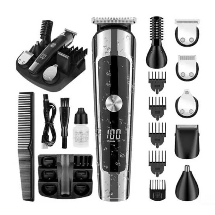 Тример и самобръсначка Xenomo® PRO TRIM, Мултифункционален 6 в 1, за подстригване, бръснене, контуриране, за тяло, слабини, брада, нос, Водоустойчивост, Led индикатор за батерията, Дигитален дисплей