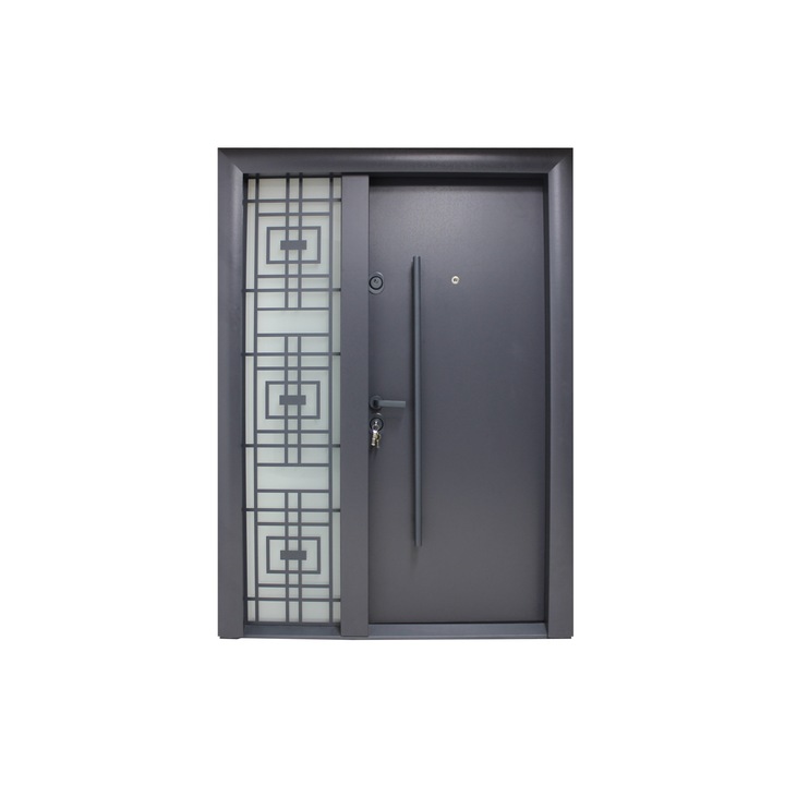 Usa metalica cu MDF Arhitect 432, pentru exterior, dubla, cu 1 geam, deschidere dreapta, gri antracit, 140x201 cm