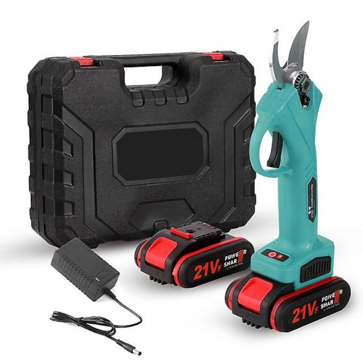 Foarfeca Electrica pentru Gradinarit, EMATTERIO®, 2 Acumulatori 21V, Lama din otel Carbon + incarcator + valiza transport