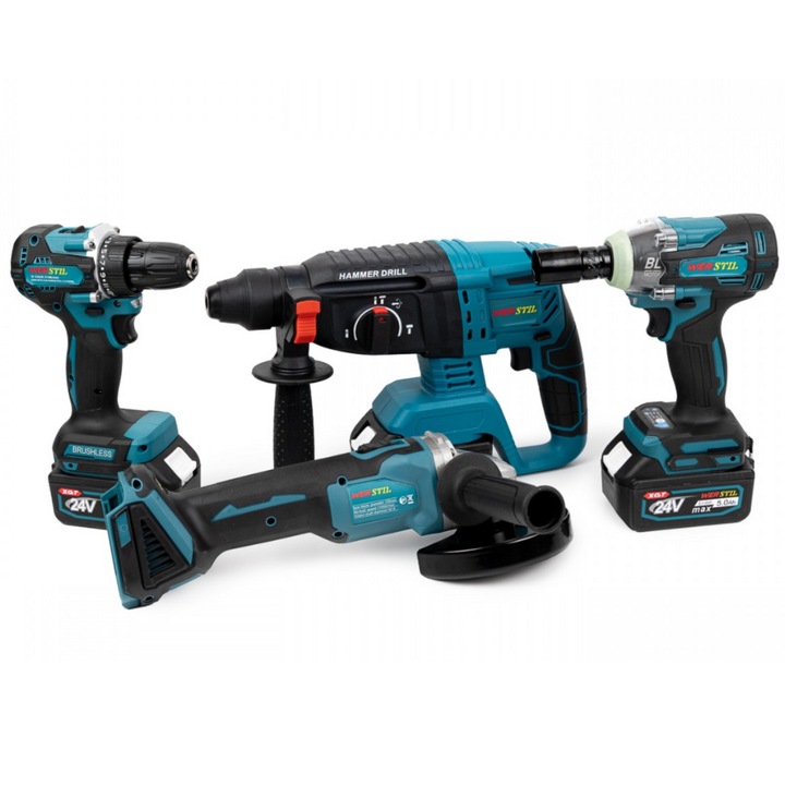 Set 4 Piese cu 2 Acumulatori Blasko: Bormasina Impact+Flex+Autofiletanta+Ciocan Rotopercutor, 24v/5ah