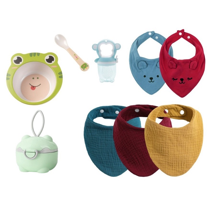 Pachet Diversificare Bavetica Bumbac, Suzeta pentru fructe, Model Broscuta, Mixbo 07