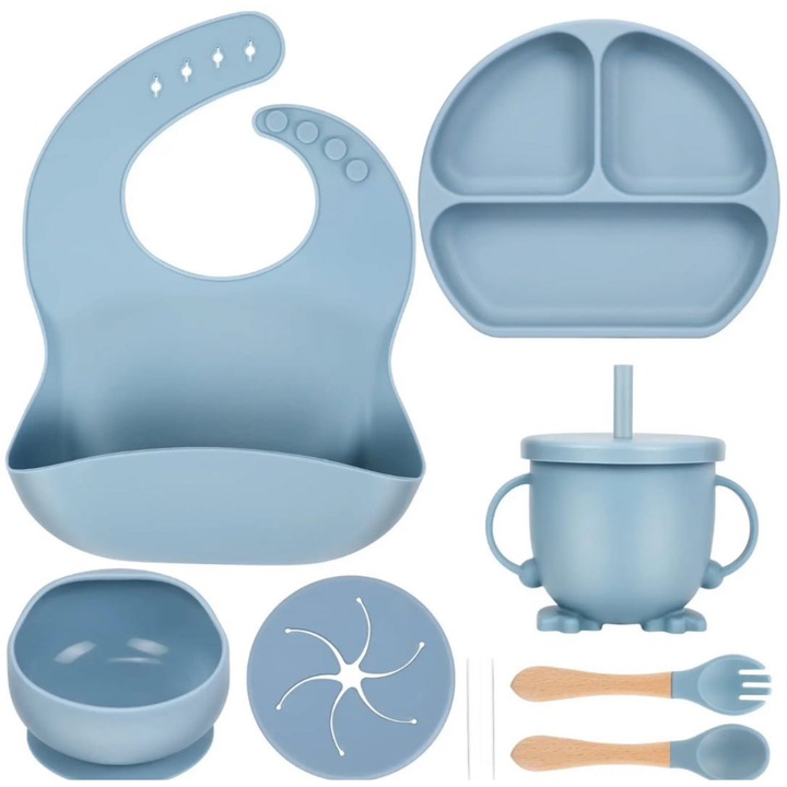 Set 9 piese hranire bebelusi, diversificare, silicon, baveta, farfurie, bol cu ventuza, lingurita si furculita, cana gustari, fara alergeni