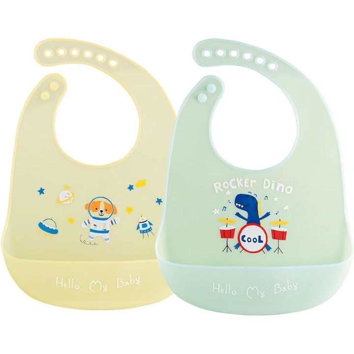 Set doua bavete pentru bebelusi flexibila din silicon moale, reglabila, buzunar colector