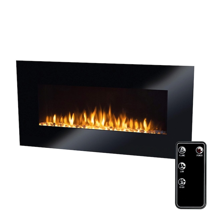 Semineu electric smart de perete, aplicatie telefon WiFi, 100 x 50 x 13.5 cm, Negru, Telecomanda, 2000 W