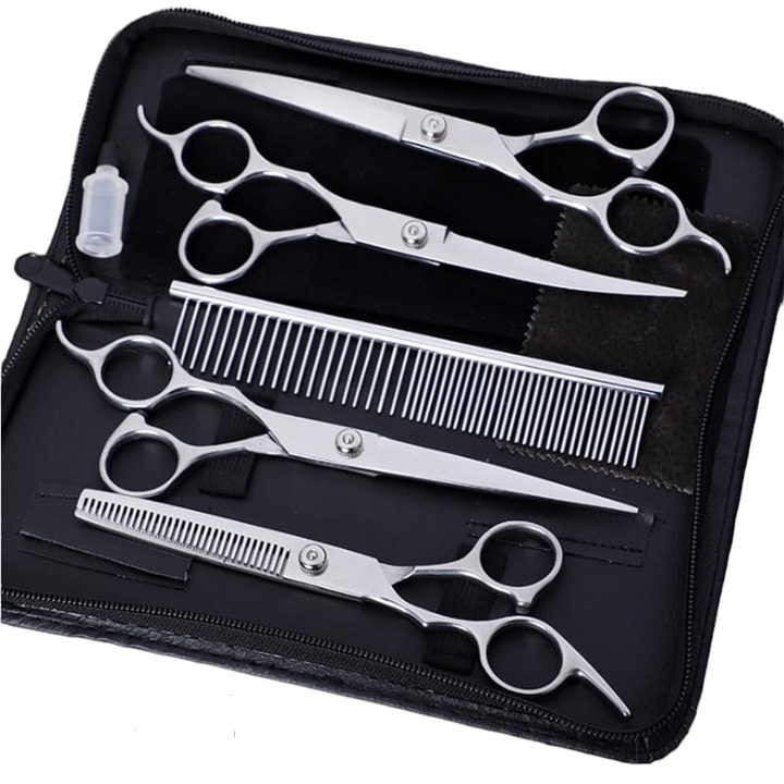 Set profesional 6 in 1 OnePet, cu foarfeci tuns caini sau pisici, foarfeca cu varf rotund siguranta anti-ranire, pieptene inclus, argintiu