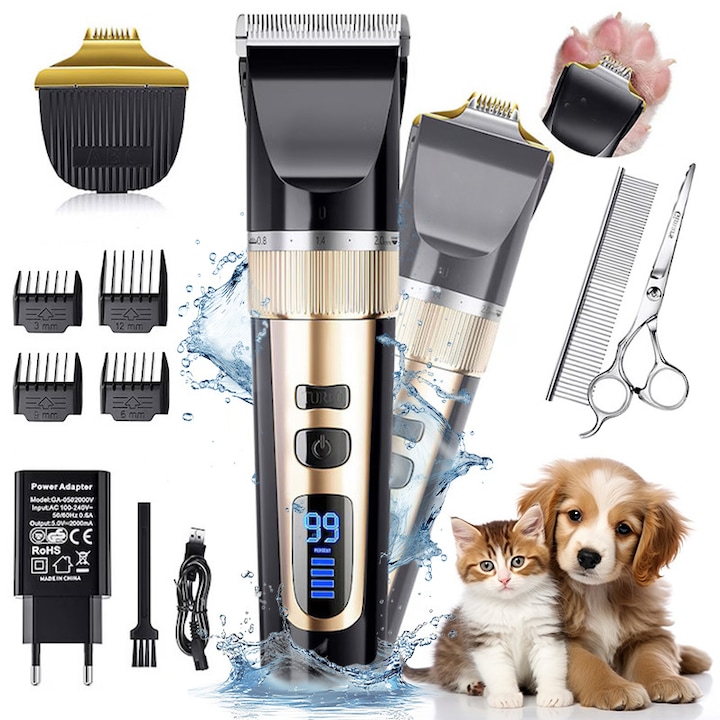 Masina de tuns animale Xenomo® GROOM PRO, pentru caini si pisici, Lama ceramica cu 33 dinti, Afisaj Digital, Acumulator 3350 mAH, Silentioasa, Fara fir