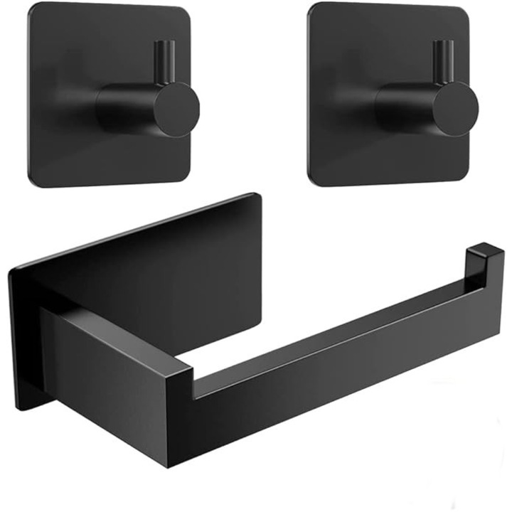 Suport rola hartie igienica cu 2 carlige pentru prosoape, autoadezive, 3 piese, negru