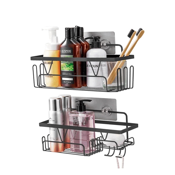 Set 2 organizatoare metalice de dus, Montare fara gauri cu adeziv, Homlynn, negru, 24x 9 x 10 cm