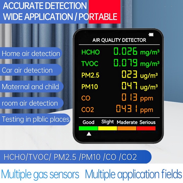 Aparat de masurat calitatea aerului, 6 valori masurate, detector CO2 Dioxid de Carbon, reincarcabil, negru