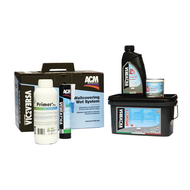 Kit profesional Wet-Sistem este un sistem de aplicare pentru orice tip de tapet vinil, fibra de sticla, spuma vinilica in mediul umed sau contact direct cu apa