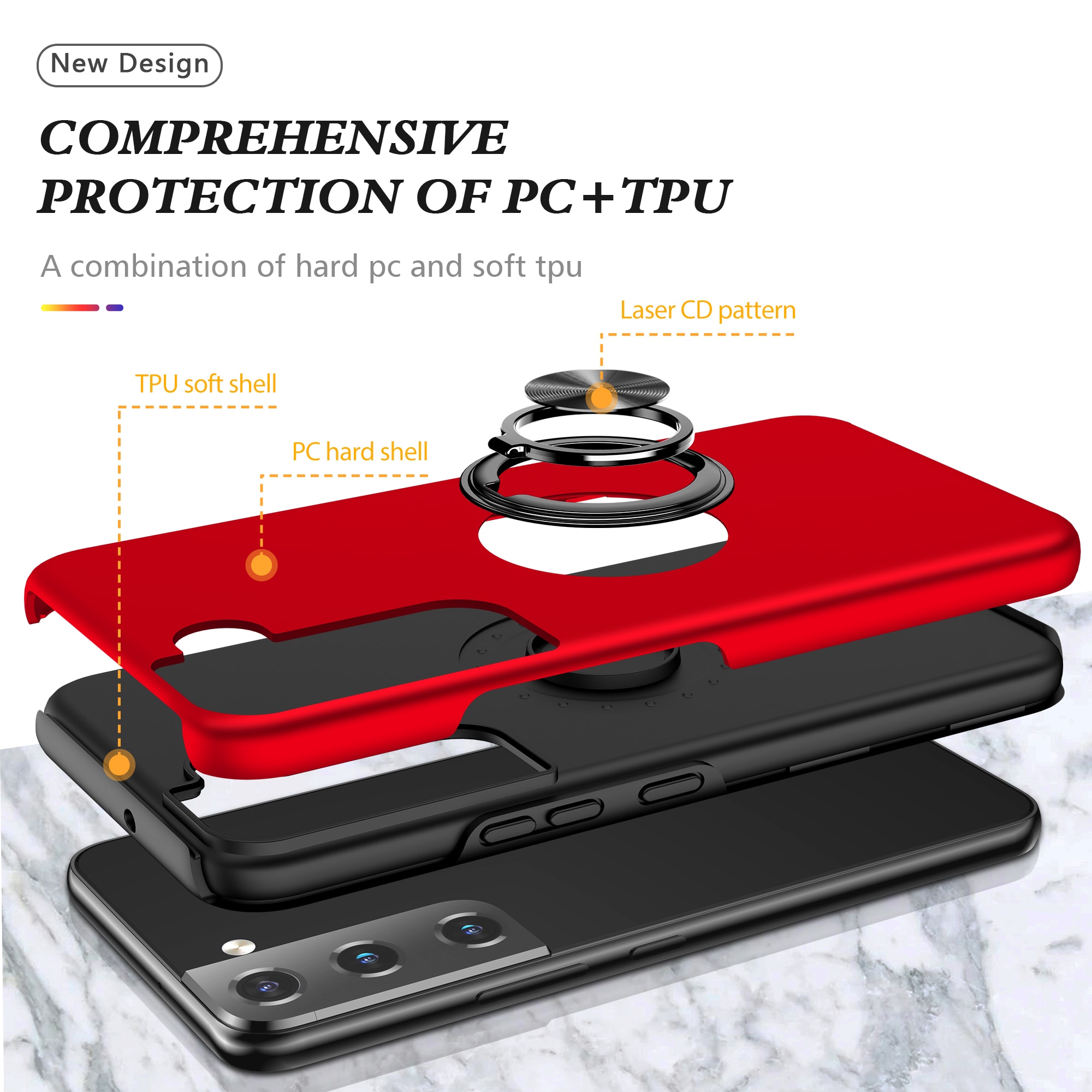 Husa de protectie pentru Samsung Galaxy S22, Hybrid Antisoc, Kickstand, Bumper inel rotativ 360, Red