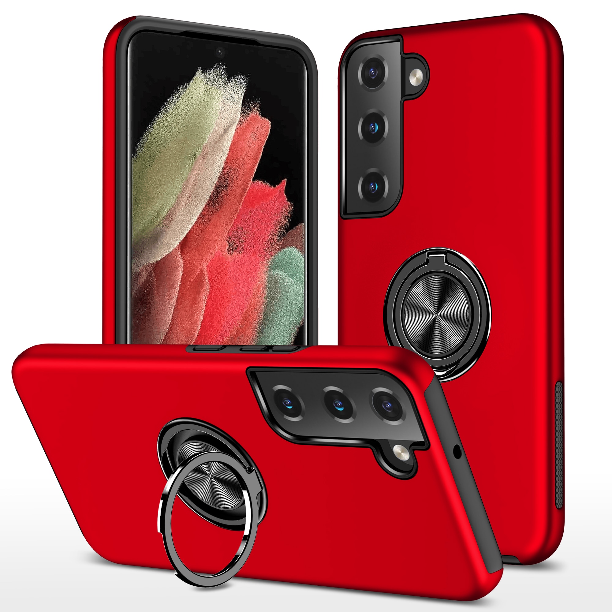 Husa de protectie pentru Samsung Galaxy S22, Hybrid Antisoc, Kickstand, Bumper inel rotativ 360, Red