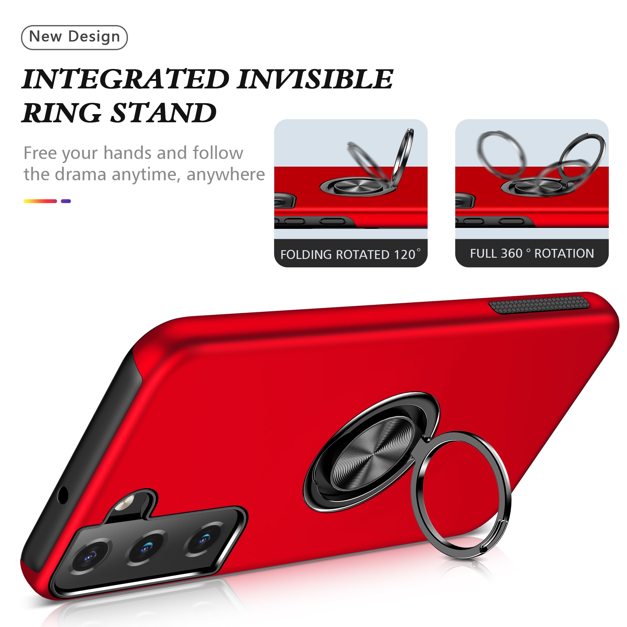 Husa de protectie pentru Samsung Galaxy S22, Hybrid Antisoc, Kickstand, Bumper inel rotativ 360, Red