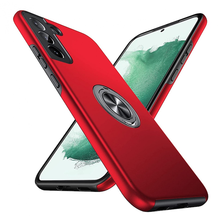 Husa de protectie pentru Samsung Galaxy S22, Hybrid Antisoc, Kickstand, Bumper inel rotativ 360, Red