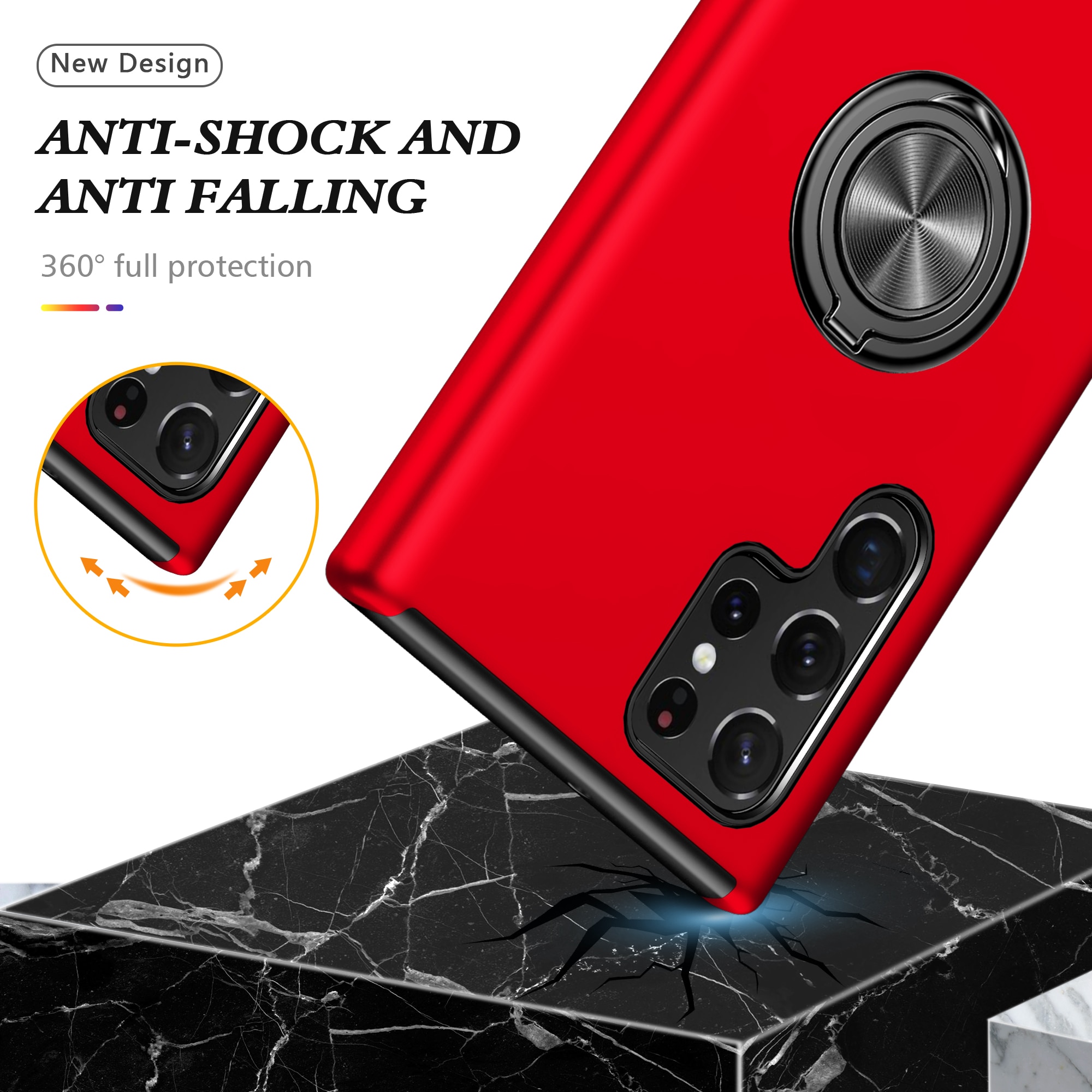 Husa de protectie pentru Samsung Galaxy S22 Ultra, Hybrid Antisoc, Kickstand, Bumper inel rotativ 360, Red