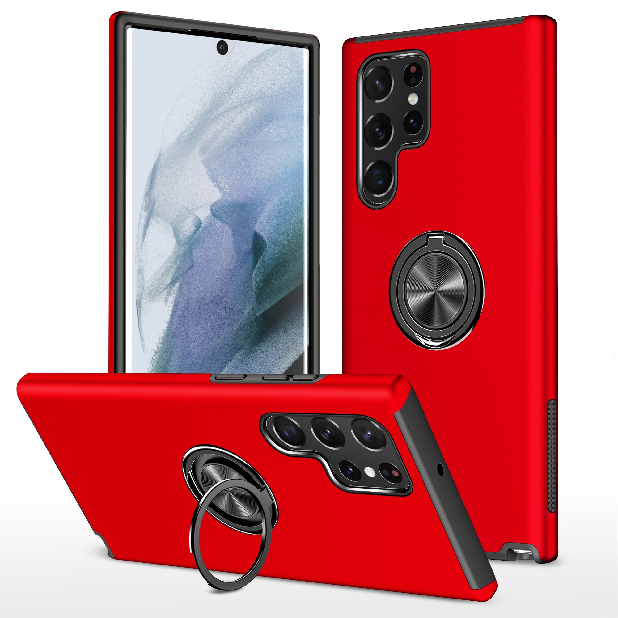 Husa de protectie pentru Samsung Galaxy S22 Ultra, Hybrid Antisoc, Kickstand, Bumper inel rotativ 360, Red