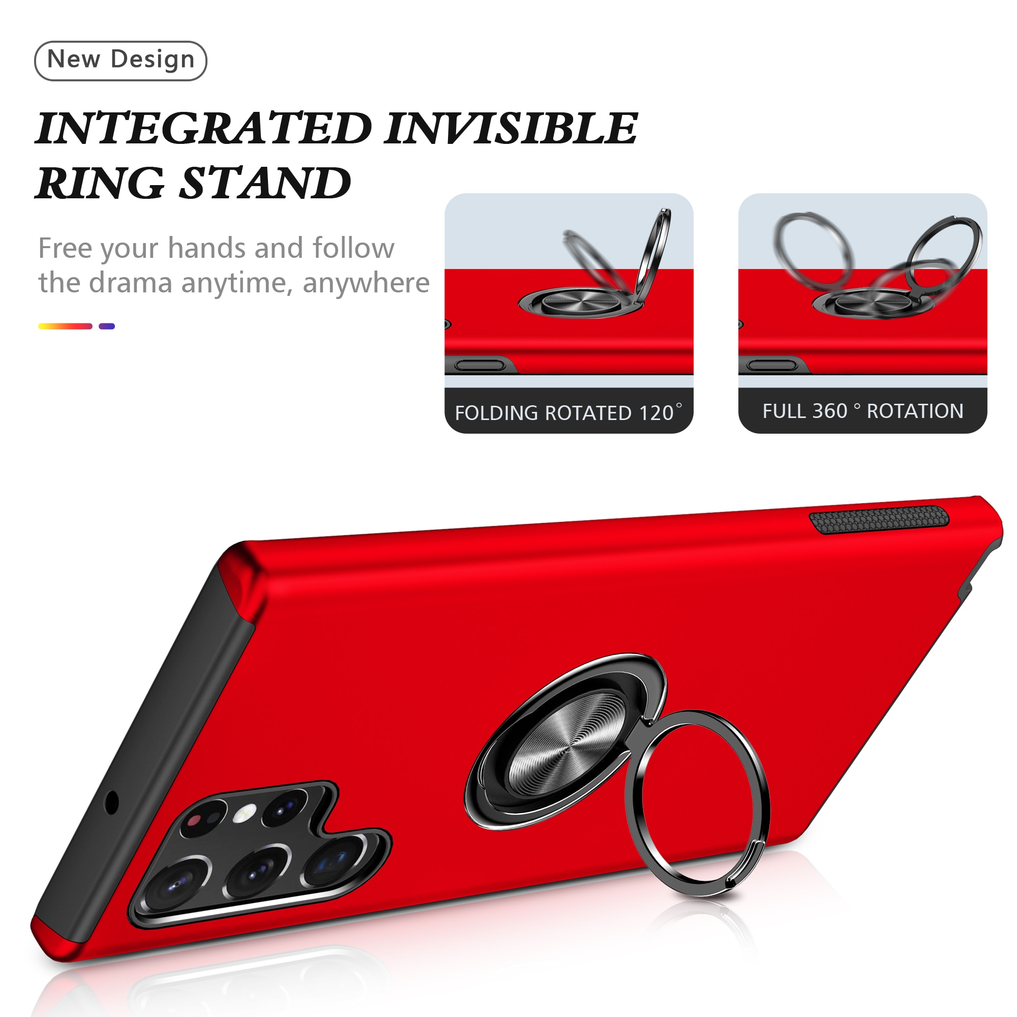 Husa de protectie pentru Samsung Galaxy S22 Ultra, Hybrid Antisoc, Kickstand, Bumper inel rotativ 360, Red