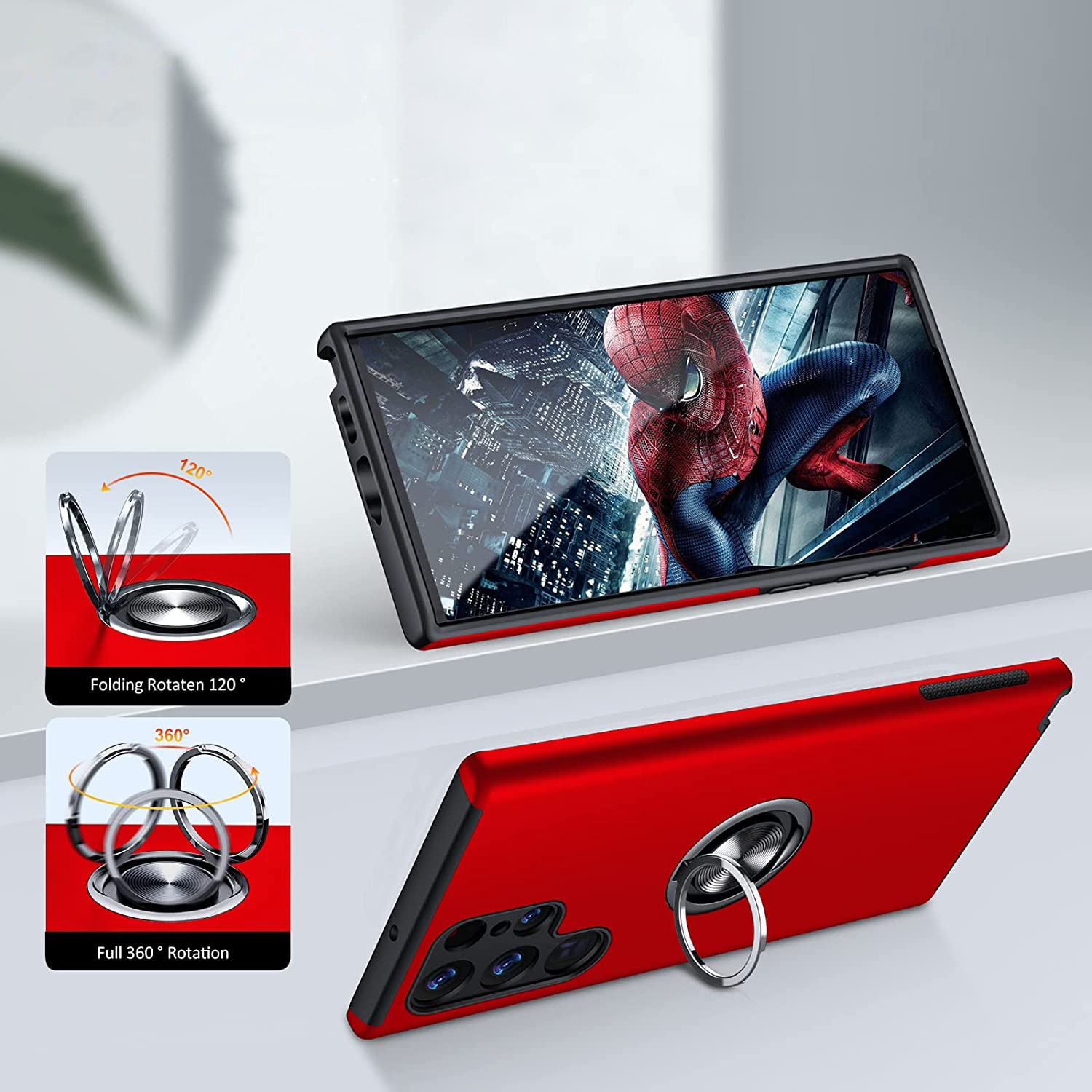 Husa de protectie pentru Samsung Galaxy S22 Ultra, Hybrid Antisoc, Kickstand, Bumper inel rotativ 360, Red