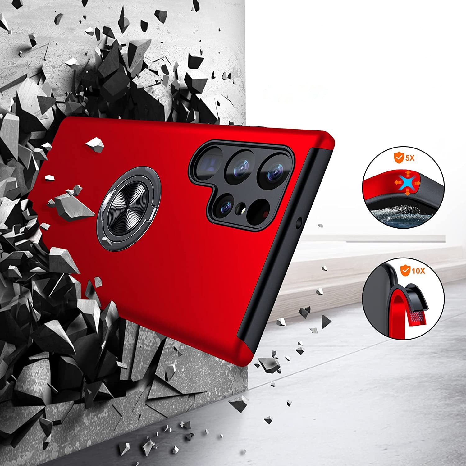 Husa de protectie pentru Samsung Galaxy S22 Ultra, Hybrid Antisoc, Kickstand, Bumper inel rotativ 360, Red