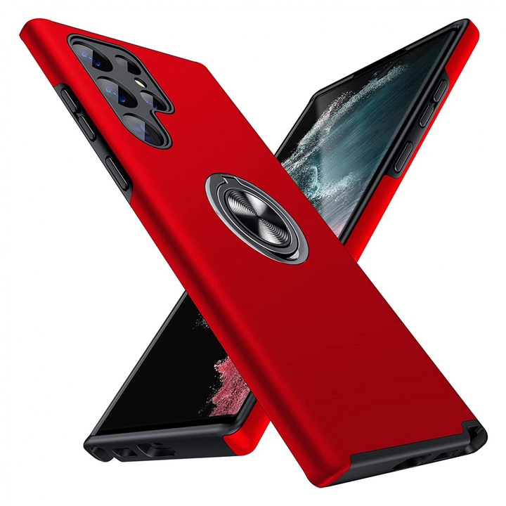 Husa de protectie pentru Samsung Galaxy S22 Ultra, Hybrid Antisoc, Kickstand, Bumper inel rotativ 360, Red