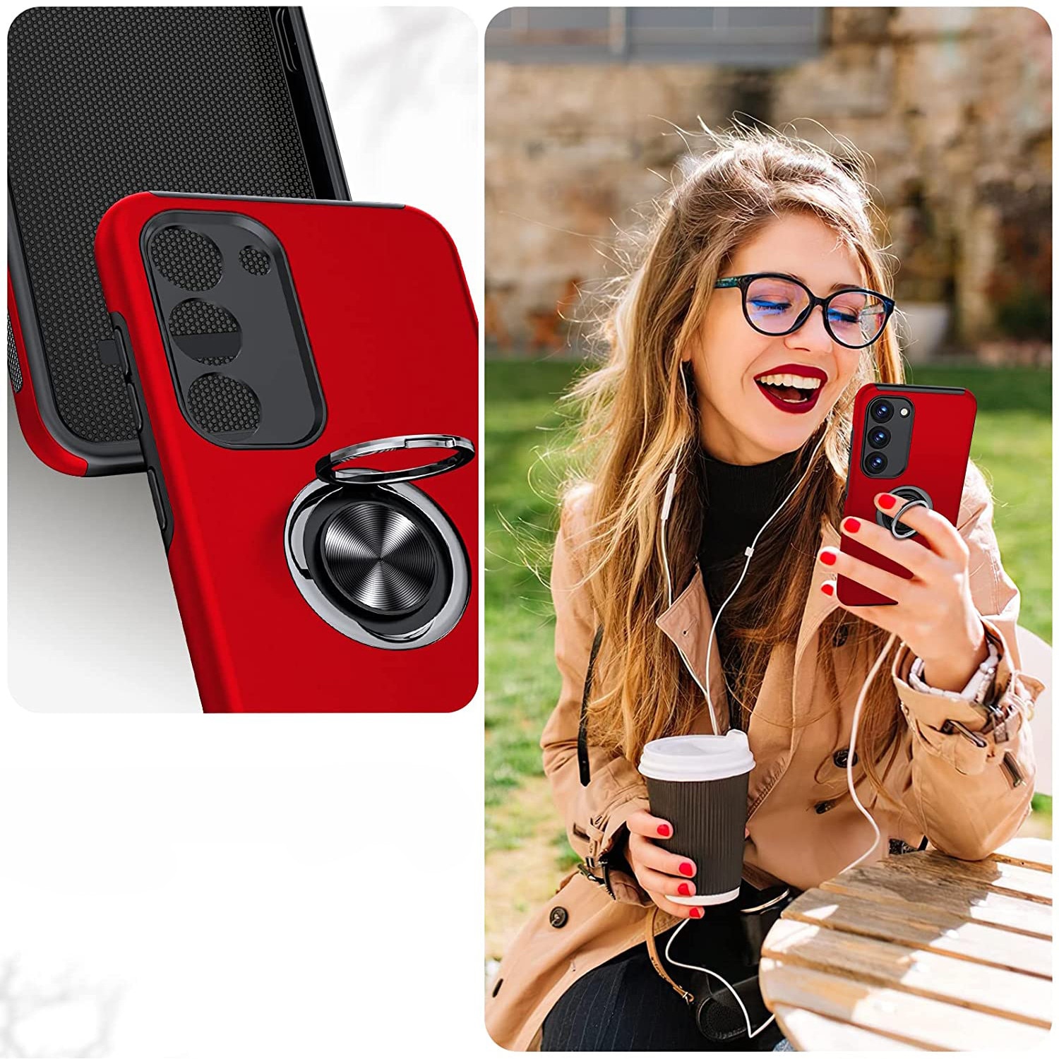 Husa de protectie pentru Samsung Galaxy S23, Hybrid Antisoc, Kickstand, Bumper inel rotativ 360, Red