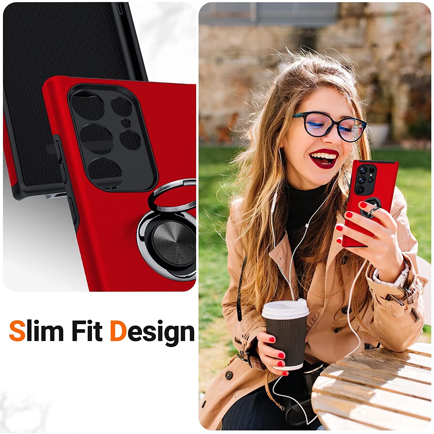 Husa de protectie pentru Samsung Galaxy S23 Ultra, Hybrid Antisoc, Kickstand, Bumper inel rotativ 360, Red