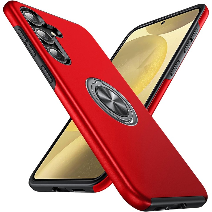Husa de protectie pentru Samsung Galaxy S24, Hybrid Antisoc, Kickstand, Bumper inel rotativ 360, Red