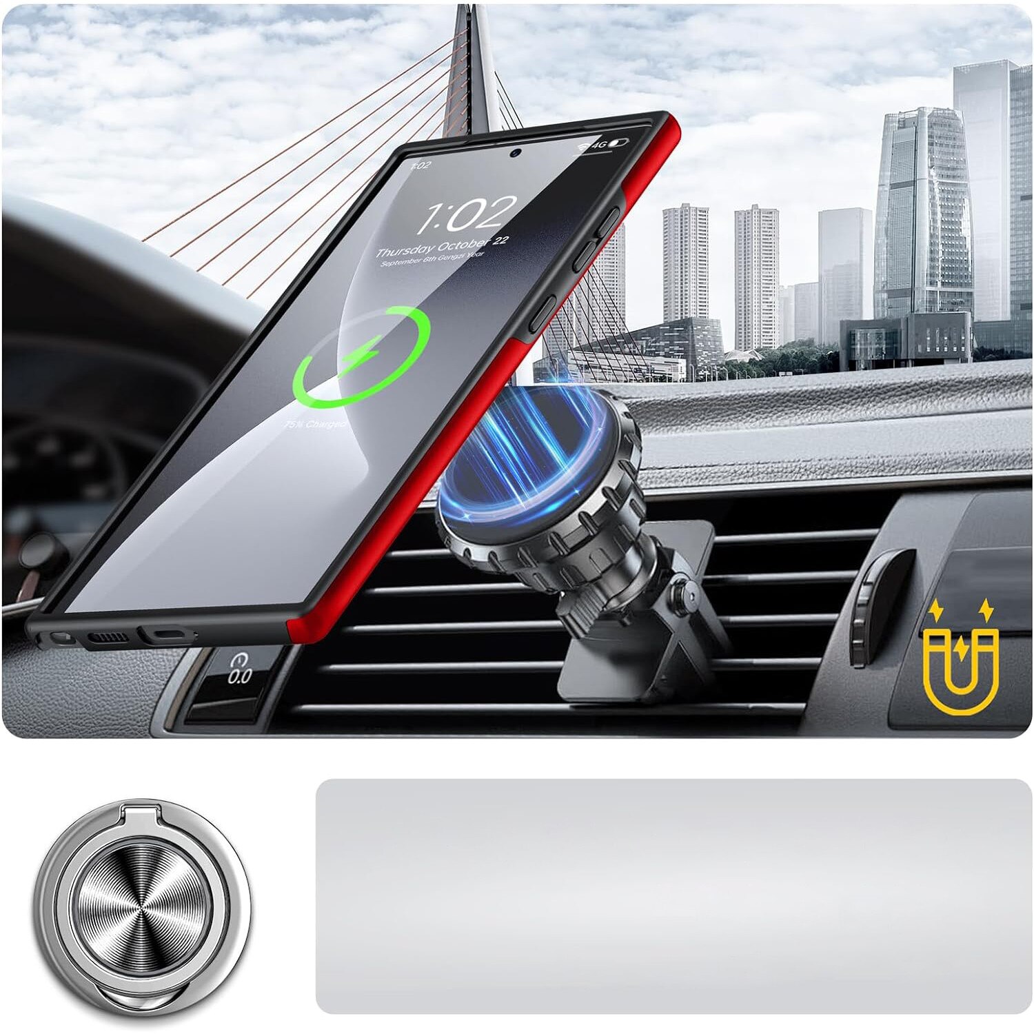 Husa de protectie pentru Samsung Galaxy S24 Ultra, Hybrid Antisoc, Kickstand, Bumper inel rotativ 360, Red