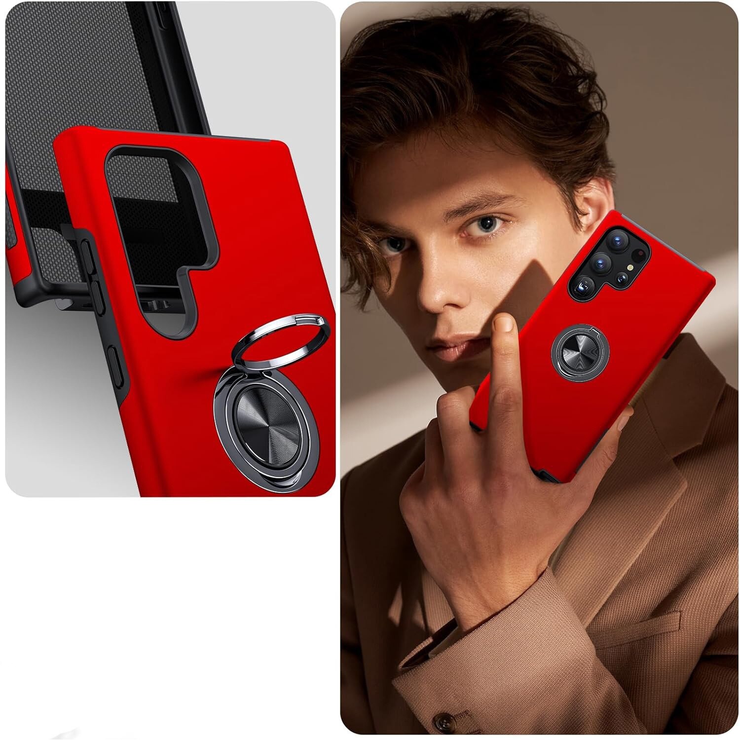 Husa de protectie pentru Samsung Galaxy S24 Ultra, Hybrid Antisoc, Kickstand, Bumper inel rotativ 360, Red
