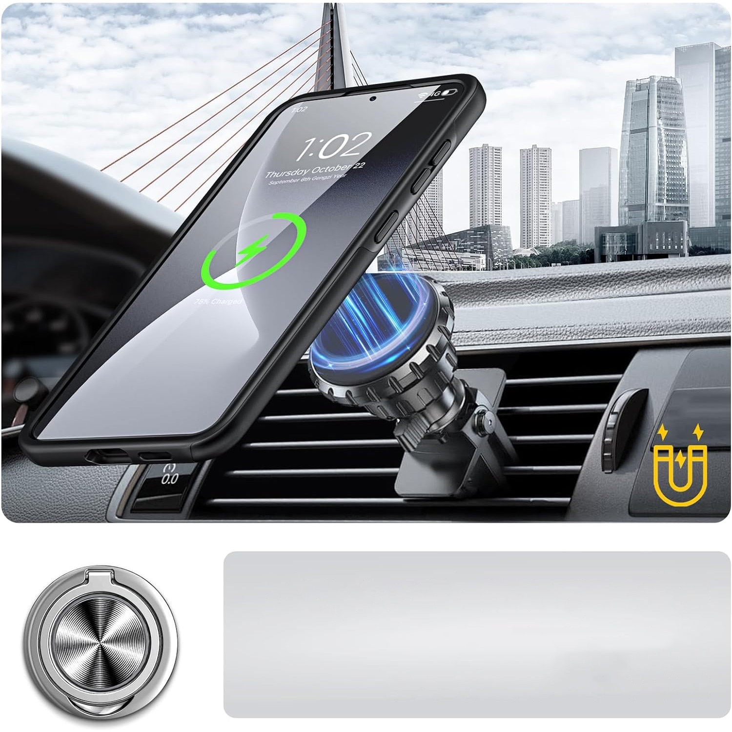 Husa de protectie pentru Samsung Galaxy S24, Hybrid Antisoc, Kickstand, Bumper inel rotativ 360, Black