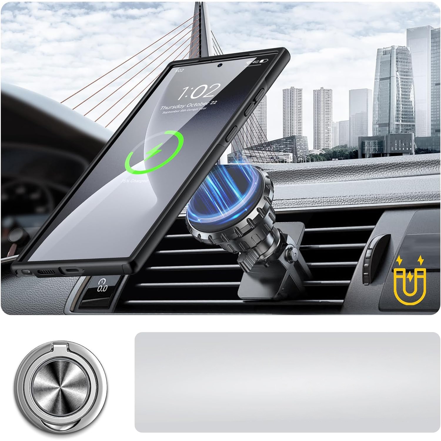 Husa de protectie pentru Samsung Galaxy S24 Ultra, Hybrid Antisoc, Kickstand, Bumper inel rotativ 360, Black