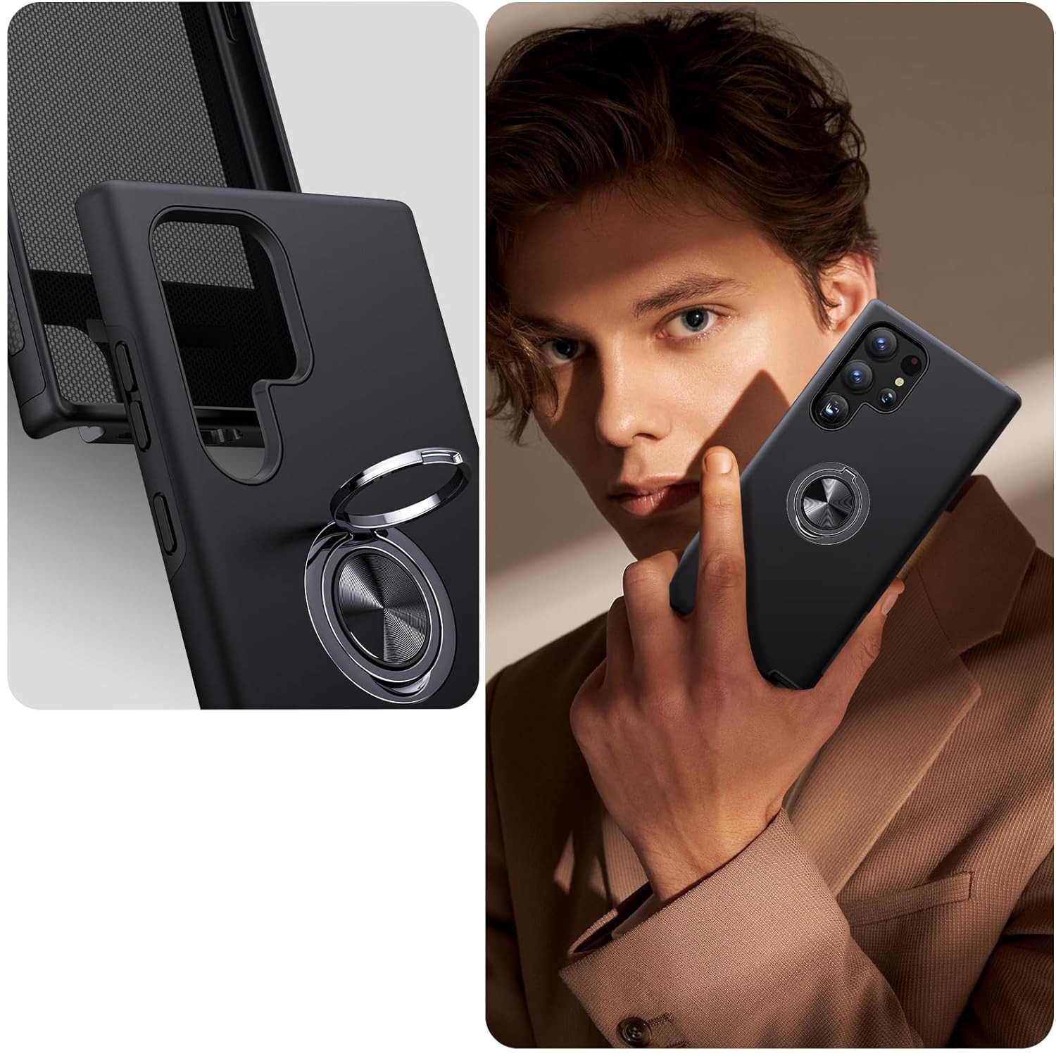 Husa de protectie pentru Samsung Galaxy S24 Ultra, Hybrid Antisoc, Kickstand, Bumper inel rotativ 360, Black