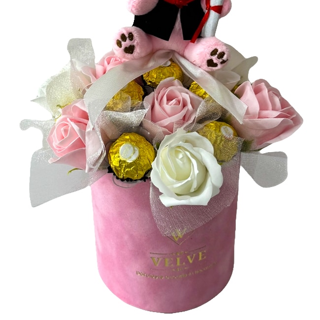Ferrero Rocher Roz Aranjament floral pentru absolvire, in cutie rotunda cu trandafiri si ...