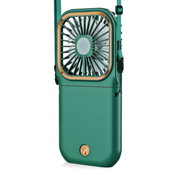 Ventilator TrioVent Portabil, OPTIM SOLUTION, 4 Trepte de Viteza, Display LED, High Wind Speed, Ultra-Silentios, Cooling Tech, 3 in 1, Motor Puternic 36 dB, Unghi 180°, Suport Telefon, Baterie 3000 mAh Reincarcabila prin USB, Verde