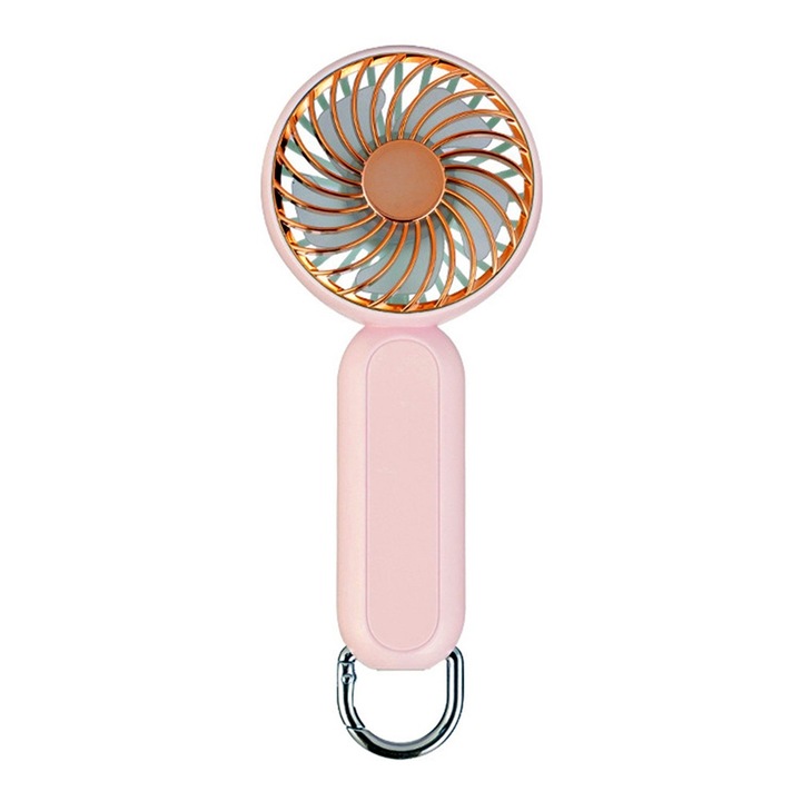 Ventilator MiniBloom Portabil USB cu Baterie, OPTIM SOLUTION, Carabina Inclusa, 3 Trepte de Viteza, Mini-size, Cooling Tech, Multifunctional, Reincarcabil prin USB 1200mAh, Lithium Battery, Roz Auriu