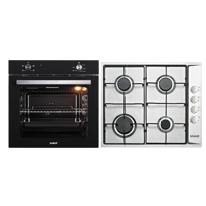 Pachet Incorporabil Samus Cuptor electric SC621G4, 81 L, 2000 W, Clasa energetica A + Plita pe gaz PSG-64SX, 4 Arzatoare, Gratare metalice, Inox