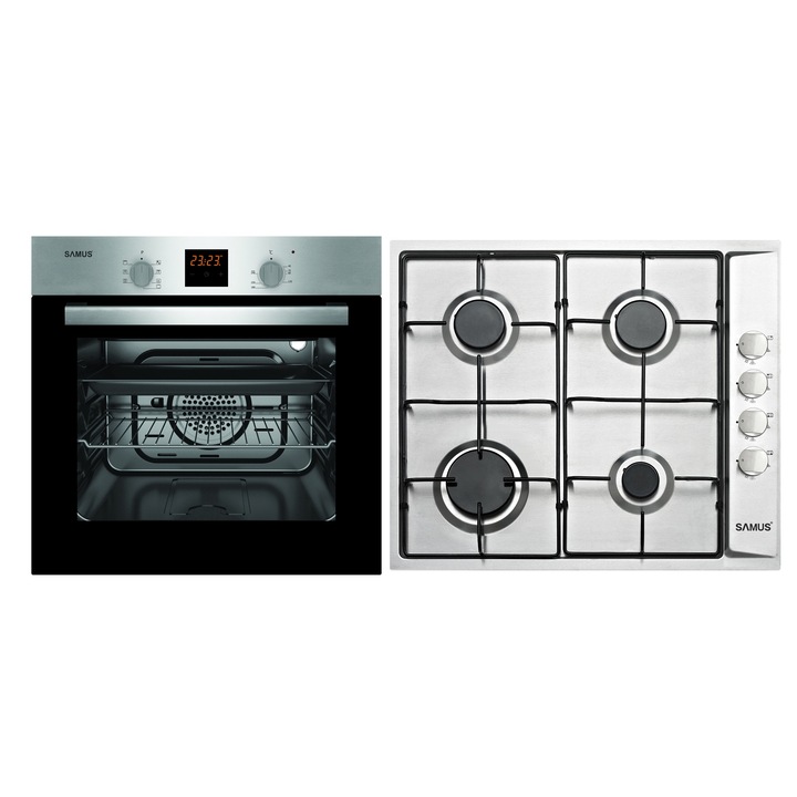 PACHET SAMUS-ONL22 Cuptor electric SC617EXV, 56 L, 2200 W, Clasa energetica A + Plita pe gaz PSG-64SX, 4 Arzatoare, Gratare metalice, Inox