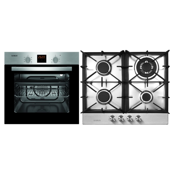 Pachet Incorporabil Samus Cuptor electric SC617EXV, 56 L, 2200 W, Clasa energetica A + Plita pe gaz PSG-64SX7, 4 Arzatoare, Gratare fonta, Inox