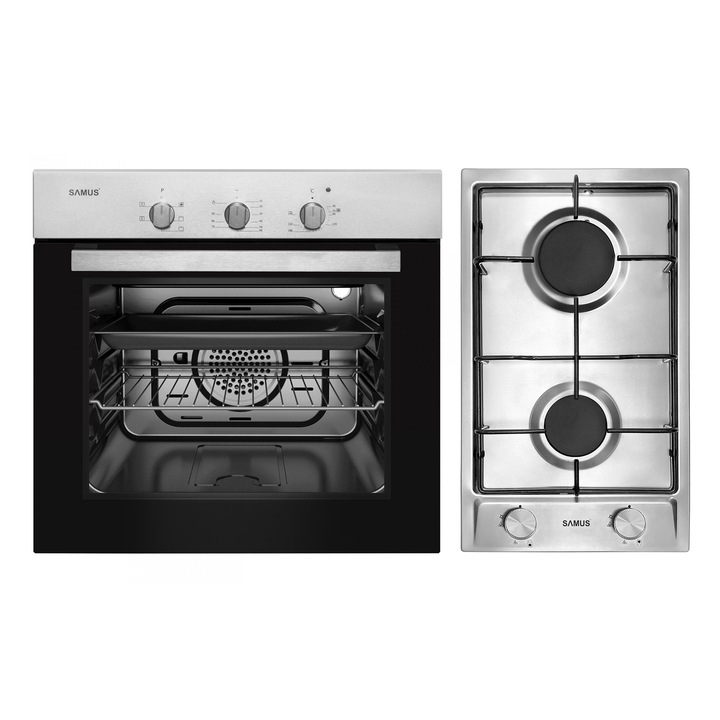 Pachet Incorporabil Samus Cuptor electric SC616GTXV, 56 L, 2200 W, Clasa energetica A + Plita pe gaz PSG-32SX3, 2 Arzatoare, Gratar metalic, Inox