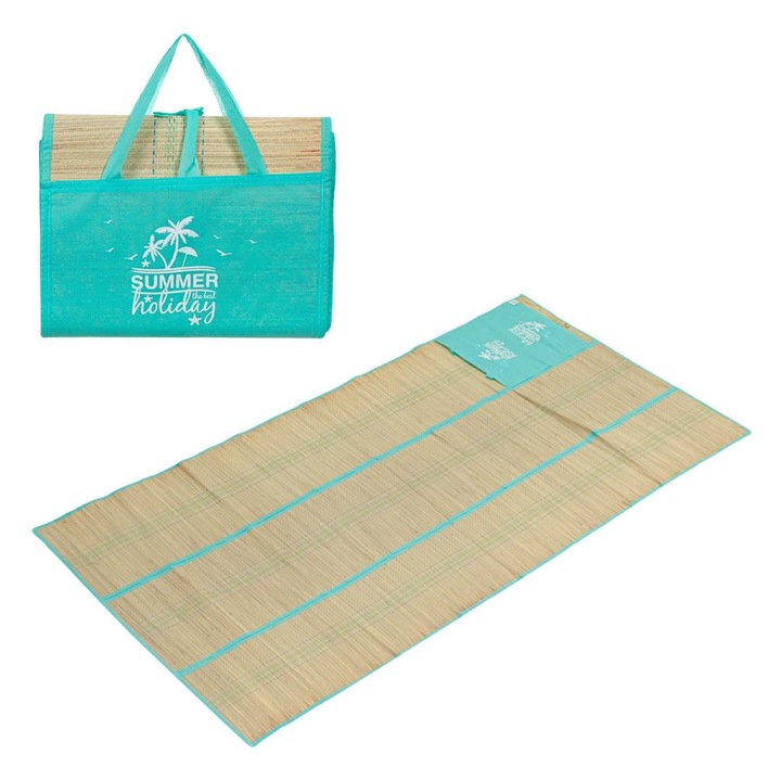 Rogojina pentru plaja tip geanta Shopiens®, tripla cu margini si manere turcoaz, 180 x 90 cm