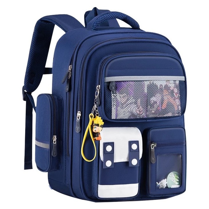 Iskolatáska, NEVERMORE, 42 x 30 x 20 cm, Vízálló, Fényvisszaverő csíkokkal, Nagy kapacitású, Kék