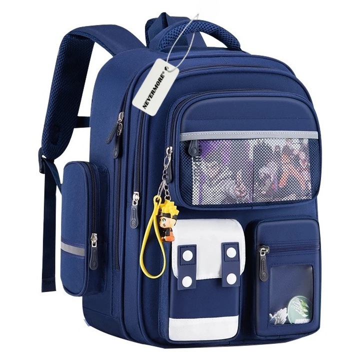 Ghiozdan scoala, NEVERMORE, 42 x 30 x 20 cm, Rezistent la apa, Cu benzi reflectorizante, Capacitate mare, Albastru