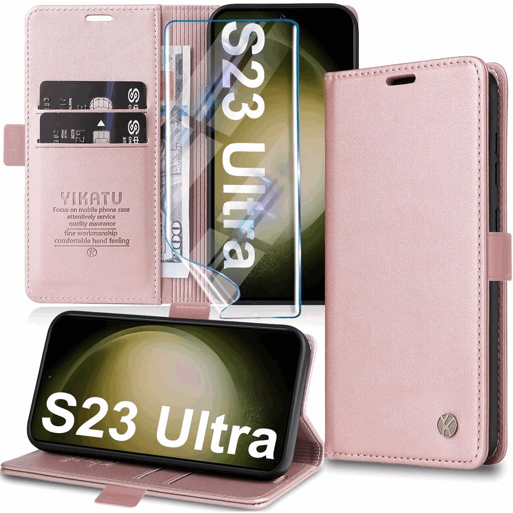 Husa Flip din Piele Ecologica pentru Samsung Galaxy S23 Ultra, Inchidere Magnetica, Tip Carte, Suport Card, Protectie Completa, rose/gold, H9IE5