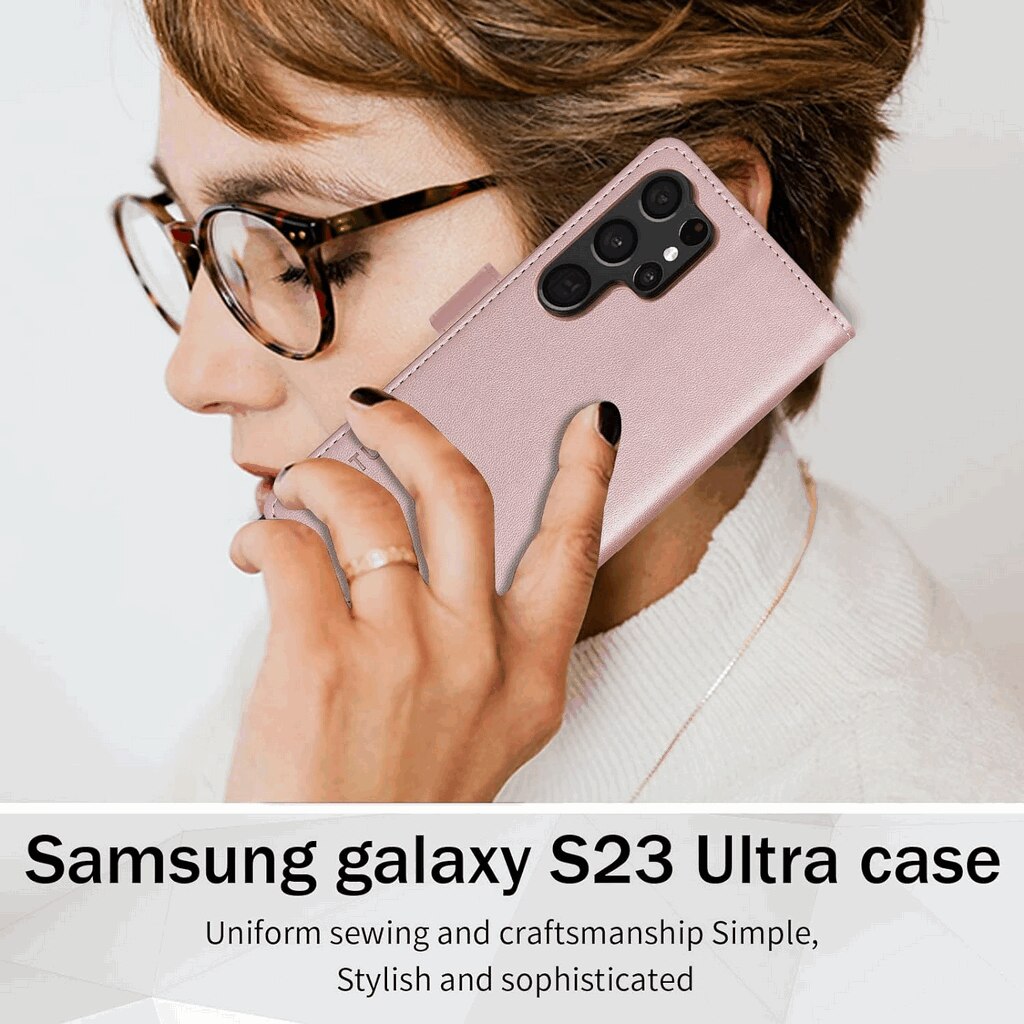 Husa Flip din Piele Ecologica pentru Samsung Galaxy S23 Ultra, Inchidere Magnetica, Tip Carte, Suport Card, Protectie Completa, rose/gold, H9IE5