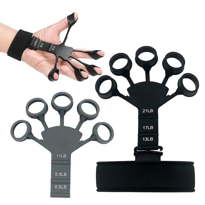 Set Extensoare si Banda Elastica pentru Intarirea Degetelor, Silicon, Negru si Gri, 6 Nivele de Rezistenta