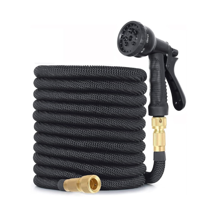 Furtun de gradina extensibil 5.5 M, cu 8 functii de pulverizare, conector din alama, multifunctional, pentru irigare, Negru