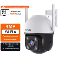 Camera IP exterior, Tenda, CH7-WCA, 4MP (2560x1440), Wi-Fi 2.4GHz, Pan-Tilt, acoperire 360° orizontal/137° vertical, lentila 4mm, viziune nocturna color, LED-uri IR 30m, AI detectie persoane/vehicule, audio bidirectional, IP65, card microSD 128GB inclus
