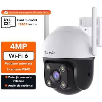 Camera IP exterior, Tenda, CH7-WCA, 4MP (2560x1440), Wi-Fi 2.4GHz, Pan-Tilt, acoperire 360° orizontal/137° vertical, lentila 4mm, viziune nocturna color, LED-uri IR 30m, AI detectie persoane/vehicule, audio bidirectional, IP65, card microSD 128GB inclus