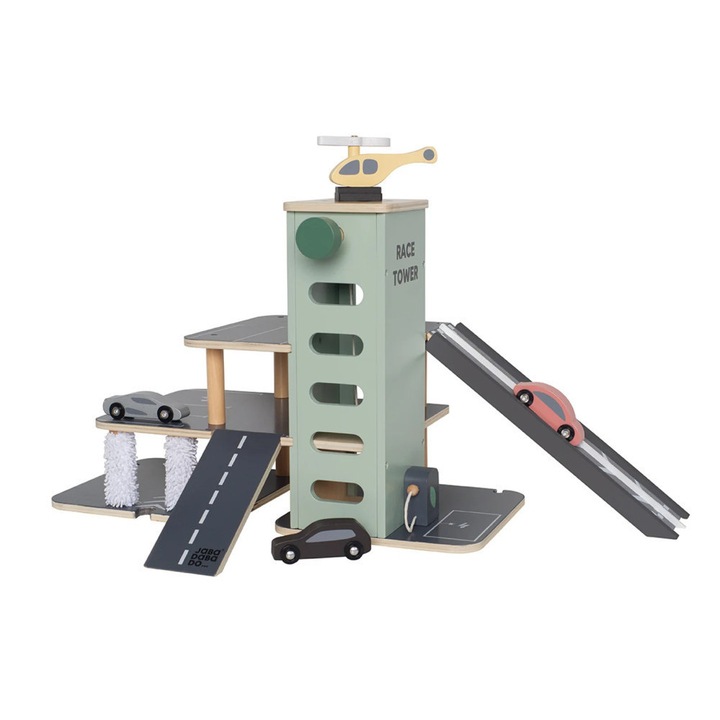 Играчка, гараж с асансьор и превозни средства, изработен от дърво, Jabadabado